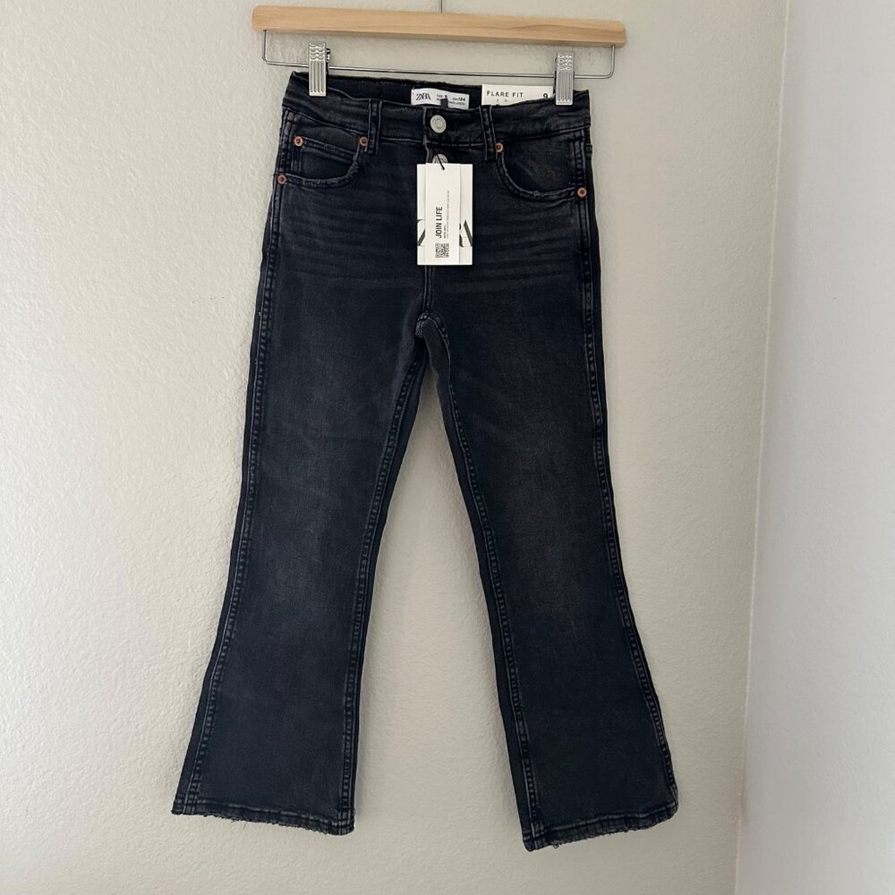 Zara Girls Jeans Wide Leg Exposed Buttons Black Washed Sz 9